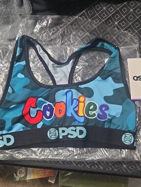 PSD  Blue Camo Sports Bra with Colorful Cookies Logo